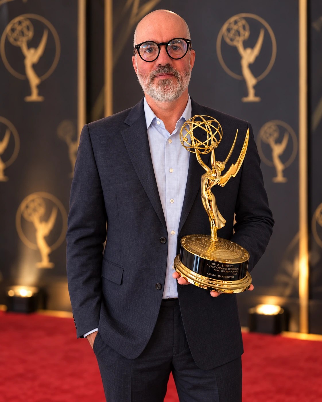 Craig Carpenter holding his Emmy Award against a gold and charcoal awards backdrop.