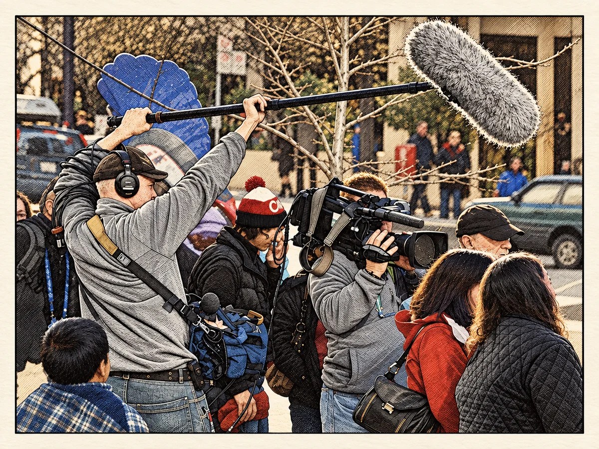 Etching of Craig Carpenter holding a boom microphone while working on NBC’s coverage of the 2010 Winter Olympics.