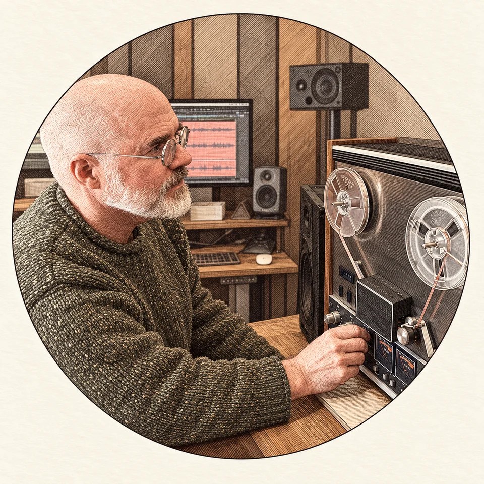 Etching-style portrait of Craig Carpenter adjusting a reel-to-reel tape recorder in his digitization studio.
