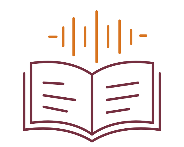 Copper line drawing of an open book with a sound wave, representing a ReadAlong.